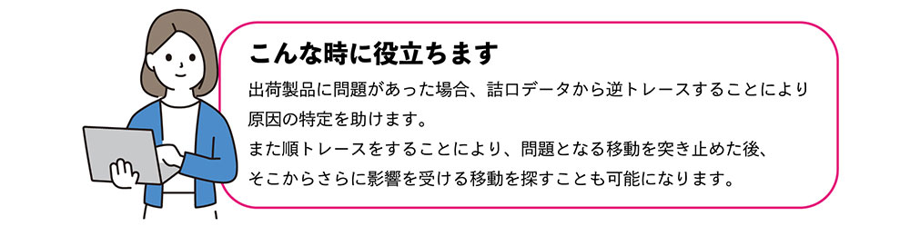 こんな時に役立ちます・出荷製品に問題があった場合、詰口データから逆トレースすることにより 原因の特定を助けます。 また順トレースをすることにより、問題となる移動を突き止めた後、そこからさらに影響を受ける移動を探すことも可能になります。