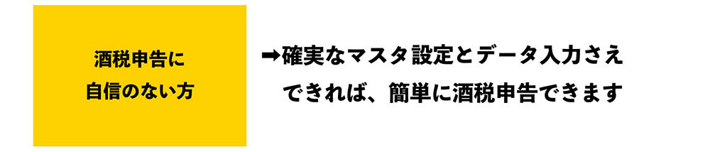 酒税申告に 自信のない方➡確実なマスター設定とデータ入力さえできれば、簡単に酒税申告できます